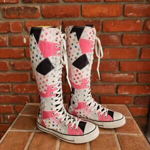 RARE Converse All Star Knee high women's  7 Pink/black patchwork & stars